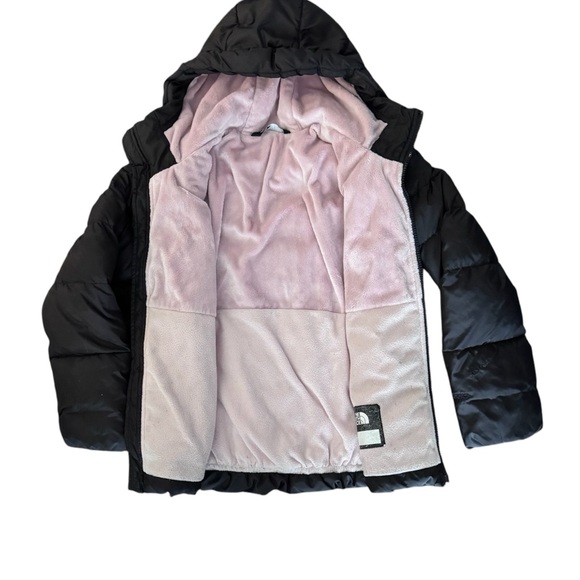 North face girls black pink fleece tnf 550 down quilted puffer parka jacket Sz 8 - Picture 2 of 7